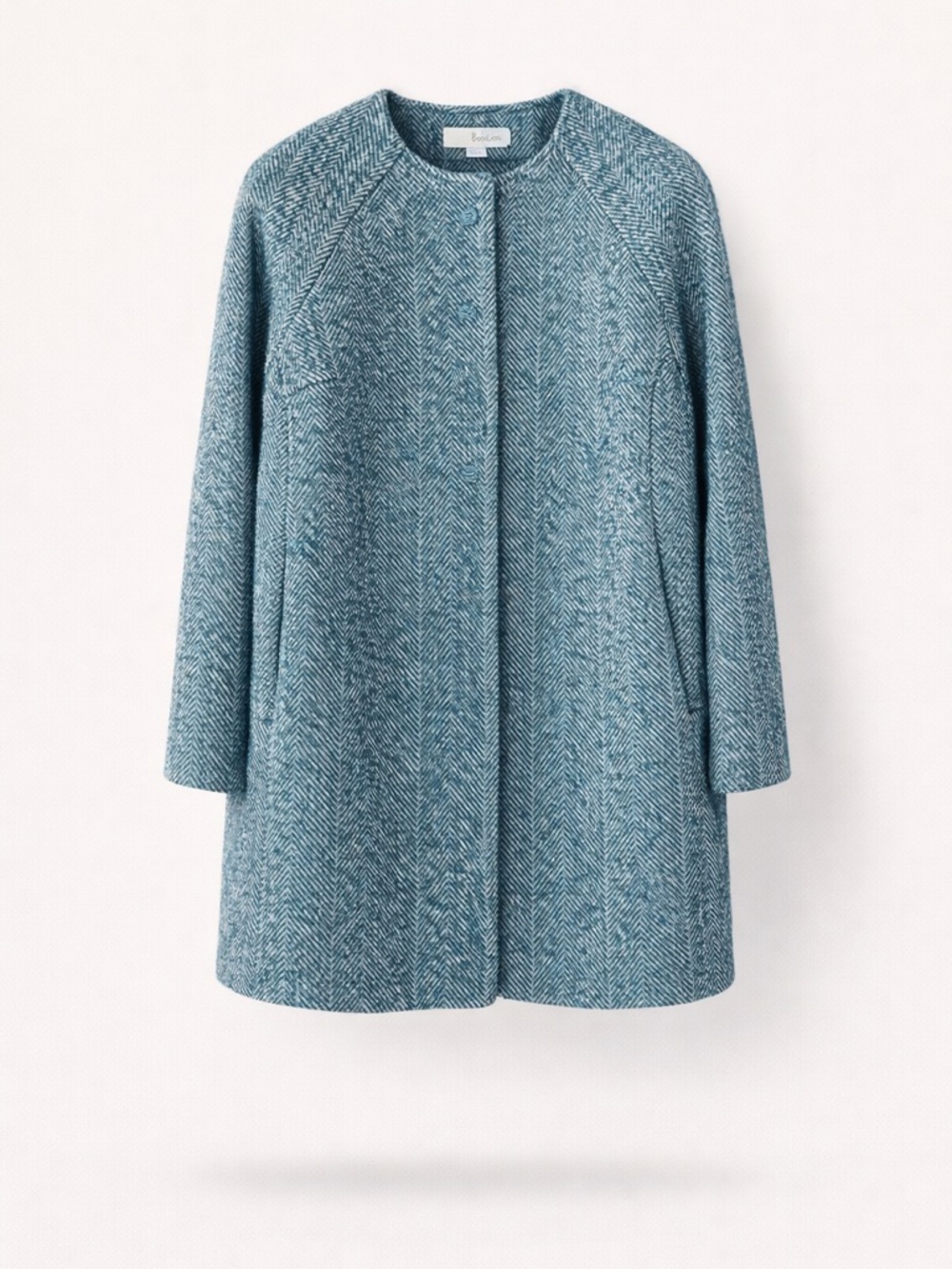 Boden Wool Alpaca Herringbone Coat Teal Blue Collarless Raglan Sleeve Size 8P